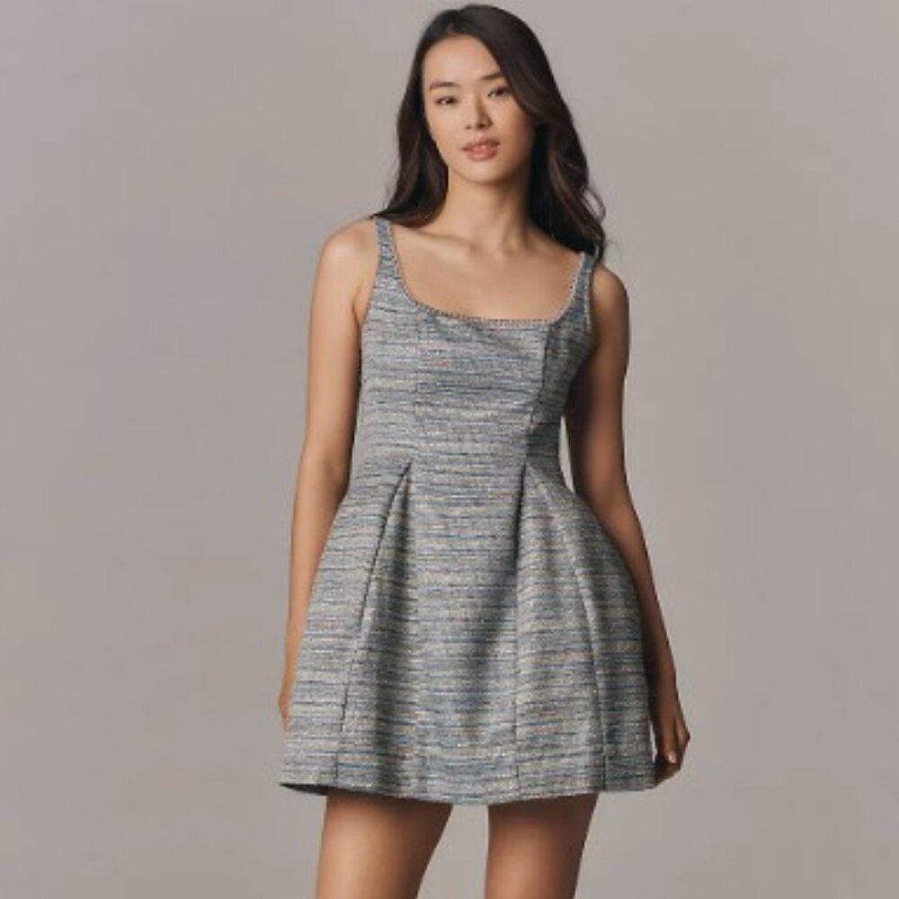 NWT Anthropologie Sleeveless Square-Neck Tweed Fit & Flare Mini Dress Size 0 - Picture 3 of 7